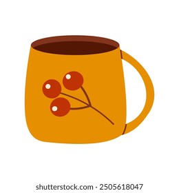 Yellow Tea Cup with Red Berry Design Flat Hand Drawn Vector Illustration Isolated on White Background. Fall Autumn Cozy Cute Design