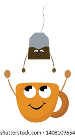 Yellow tea cup with two hands, a handle and a tea bag above l, vector, color drawing or illustration. 