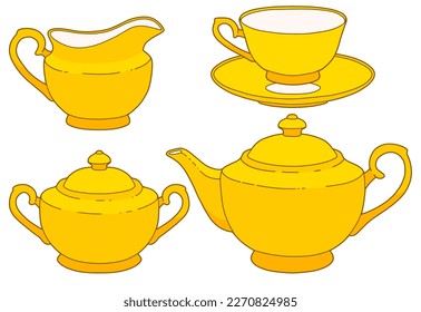 Set de té amarillo. Platos hermosos. Dibujo manual.