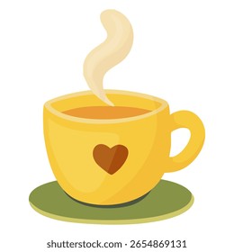 Gelbe Teetasse mit Herz und Dampf. Flacher Stil
