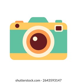 Yellow and teal cartoon camera with lens and flash. For travel, photography, and summer vacation themes. Flat vector. Isolated on white background.