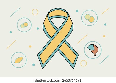A yellow and teal ribbon is the central element. The image features geometric shapes like circles, dots, and lines. The color palette includes yellow, teal, and orange on a light beige background.