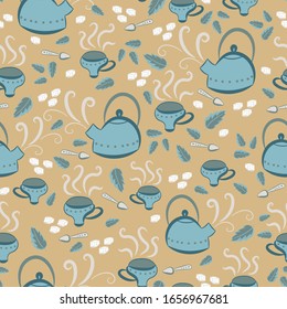 yellow and teal tea time seamless vector pattern