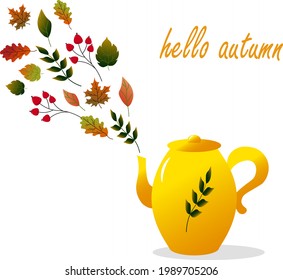 Yellow teapot with autumn leaves and text. Hello, Autumn. Vector illustration. For creating prints, cards, invitations, banners, price tags, covers and other designs. 