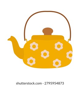 Yellow teapot with flower pattern on white background. Ceramic or metal kettle item with floral blossoms print and brown handle for kitchen cozy tableware market design