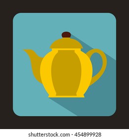 Yellow teapot icon in flat style on a baby blue background