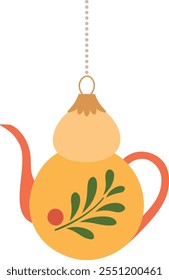 A yellow teapot with a leaf design hanging from a string