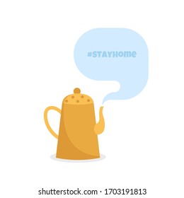 Yellow teapot and template for text, cloud of hot steam like a bubble. Flat cartoon style vector illustration isolated on white background.
Metaphor of stay home sign. 