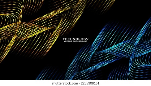Yellow techno abstract background on dark space with waving particles style effect. Graphic design element with 3d moving dots flow concept for banner, flyer, card, brochure cover, or landing page