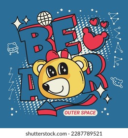 Yellow teddy bear cartoon with star eyes and text "OUTER SPACE" isolated on blue background illustration vector.