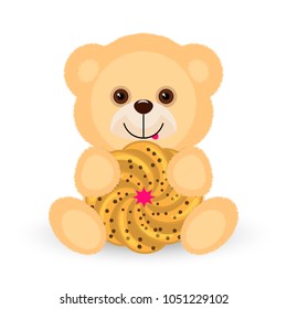 A yellow teddy bear is holding a cookie and showing the tongue.
For a greeting card.
Vector illustration