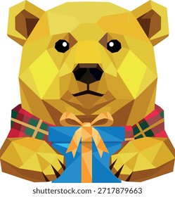 Oso de peluche amarillo que sostiene el regalo Navidades de polietileno bajas Vector de oro geométrico