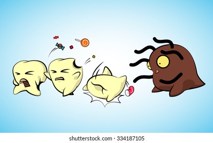 Yellow teeth run away from bacteria