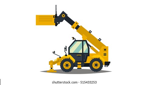 Yellow telehandler. Isolated on white background. Special equipment. Construction machine. Commercial Vehicles. Vector illustration. Flat style