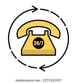 Yellow telephone and 247 sign on white background