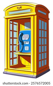 Yellow telephone booth with blue payphone isolated on white background