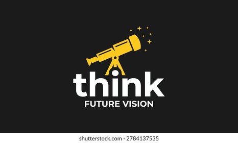A yellow telescope logo with the words think and future vision on a black background