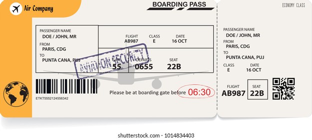 Yellow template of airline boarding pass to plane for travel journey. Vector illustration