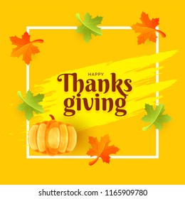 Yellow template or flyer design with illustration of pumpkin, green and yellow maple leaves for Thanksgiving festival celebration.