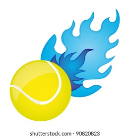 yellow tennis ball with blue fire over white background. vector