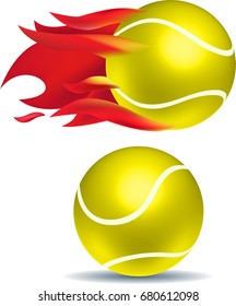 Yellow tennis ball moving fast with flames, sitting ball with shadow