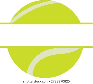 Gelber Tennisball gespalten Monogramm Rahmen Vektorgrafik. Sportball Silhouette mit weißen Nähten und einer horizontalen Öffnung für Text einzeln auf weiß. Personalisierte athletische Grafik für Spielernamen, Teamlogos und benutzerdefinierte Sportgeschenke.