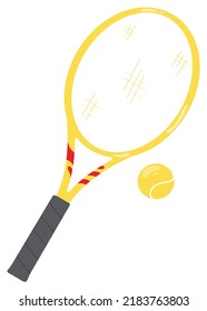 Yellow tennis racquet and ball. Sports tools. Tennis equipment. Hand drawn vector illustration. Suitable for website, stickers, postcards.