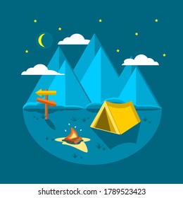 Yellow tent camping with bonfire on grass floor in park forest mountain at night blue sky with moon and star flat vector.