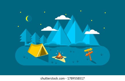 Yellow tent camping with bonfire on grass floor in park forest mountain at night blue sky with moon and star flat vector.