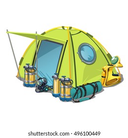 Yellow tent with equipment for diving isolated on white background. Vector illustration.