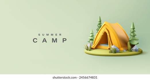 Yellow tent, forest, 3D. Summer recreation in nature, camping. Family travel, lifestyle, unity with nature. Vector