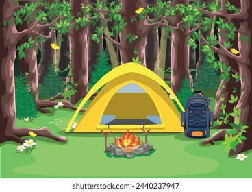 Yellow tent in the forest near the fire. Camping. Recreation with tents in nature. Travel and active recreation with friends. An image of relaxation and travel. Vector illustration.