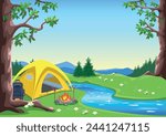 Yellow tent in the forest on the river bank. Camping. Recreation with tents in nature. Travel and active recreation with friends. An image of relaxation and travel. Vector illustration.