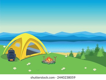 Yellow tent in the forest on the river bank. Camping. Recreation with tents in nature. Travel and active recreation with friends. An image of relaxation and travel. Vector illustration.