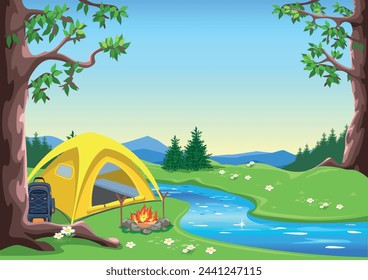 Yellow tent in the forest on the river bank. Camping. Recreation with tents in nature. Travel and active recreation with friends. An image of relaxation and travel. Vector illustration.