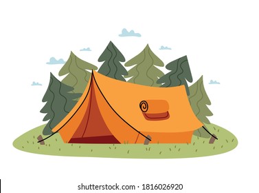 Yellow tent in the middle of the trees.Concept of Outdoor Camping Adventure.Illustration for children's book. Cute Poster .
Scandinavian style .Minimalisn . Nature .