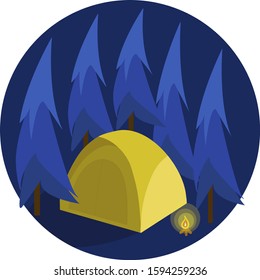 Yellow tent in the pine forest at night