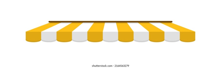 Yellow tent of shop. Awning on store and cafe. Roof of window marketplace. Yellow-white stripe canopy for store or market. Striped sunshade for restaurant. Parasol on white background. Vector.