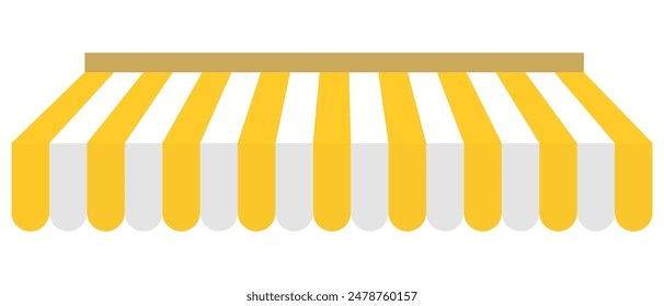 Yellow tent of shop. Awning on store and cafe. Roof of window marketplace. Yellow-white stripe canopy for store or market. Striped sunshade for restaurant. Parasol on white background. 