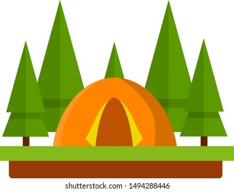 Yellow tent in the woods. Camp and hike. campfire and rest in forest. Trip to nature. Cartoon flat illustration. Outdoor activity