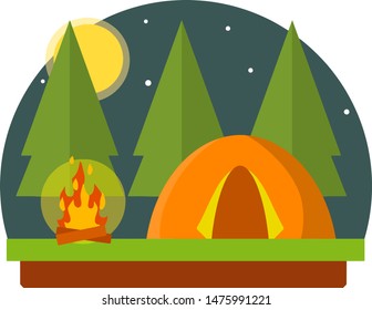 Yellow tent in the woods. Outdoor activity. Camp and hike. campfire and rest in forest. Trip to nature. Cartoon flat illustration
