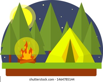 Yellow tent in the woods. Trip to nature. Outdoor activity. Camp and hike. Trees and night with moon. campfire and rest in forest.