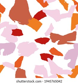 Yellow and Terracotta Terrazzo Wall Vector Seamless Pattern. Quartz Terrazzo Tile Illustration. Bright Geometric Background.