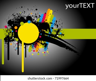 yellow text frame with black stains and rainbow