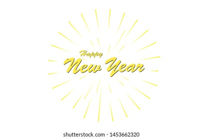 Yellow text happy new year and spark isolated on white background for greeting and poster card. Vector texture
