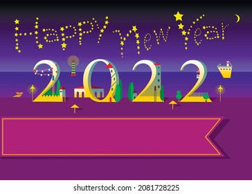 Yellow text Happy New Year with stars in the sky. Number 2022 is as a white houses with red doors, roofs and green trees. Night sea and beach background. Big banner for custom text. Vector Illustratio