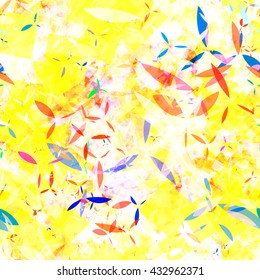 Yellow texture with colored spots. Squares and patterns of three petals. Abstract seamless background. For fabric, printing, wrapping paper.