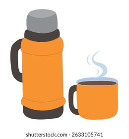 A yellow thermos and a travel mug for tea or coffee. Vector drawing on a white background.