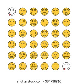 yellow thin line emoji set. concept of yummy tasty, avatar, joke, love kiss, sadness, feelings, cute, cry, mouth, joy. flat style trend modern logo design vector illustration on white background