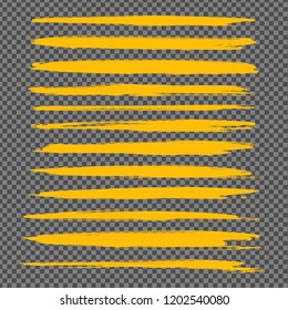 Yellow thin long abstract textured smears set isolated on imitation transparent background
